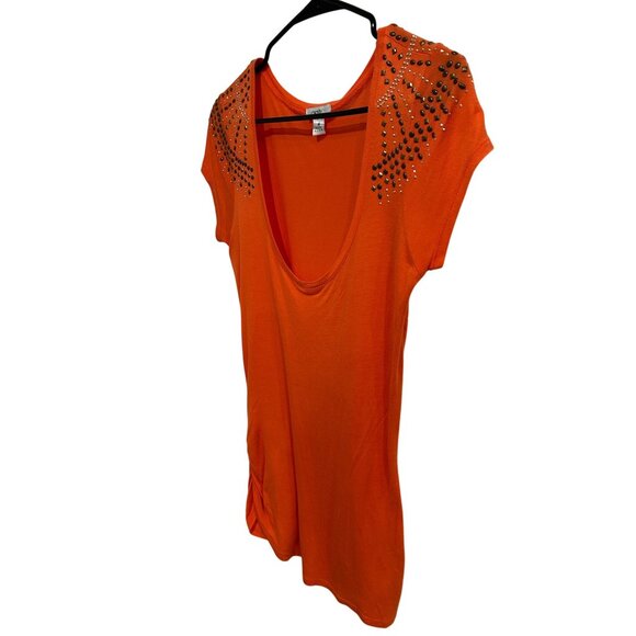 Cache Orange Short Sleeve Top Rhinestone Embellishments Ruched Side Sz Medium - Picture 3 of 10